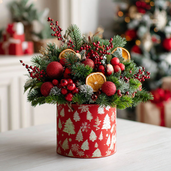 Christmas Forest Tabletop Floral Arrangement – Red & Gold Festive Charm
